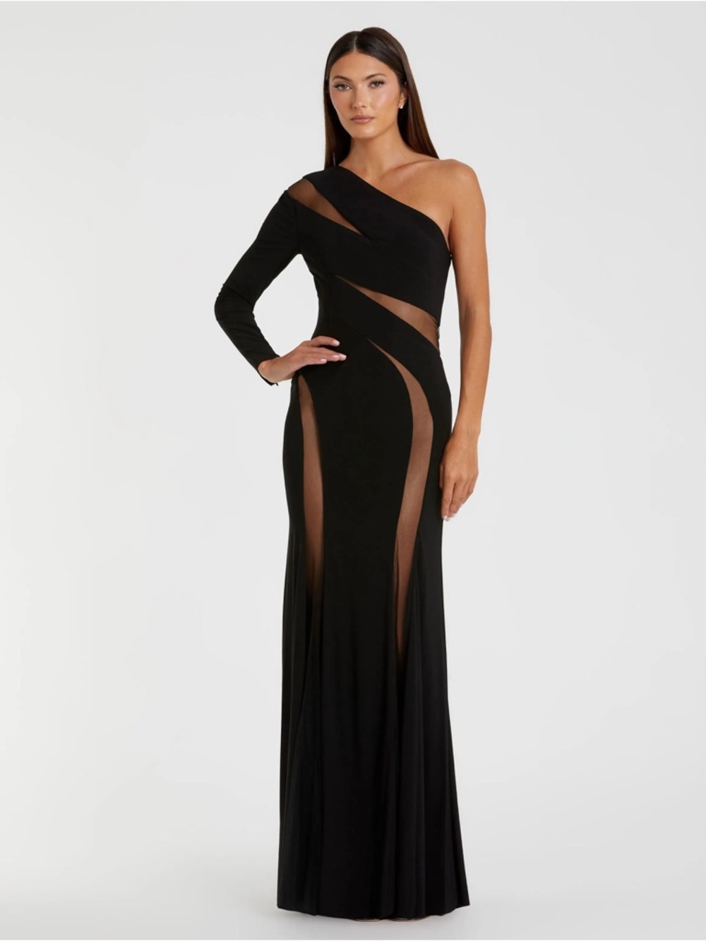 NWT IEENA FOR MAC DUGGAL Black Jersey One Shoulder Illusion Cut Out Gown